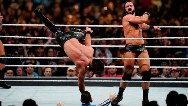 Drew McIntyre eliminating Seth Rollins during the 2020 men's Royal Rumble match