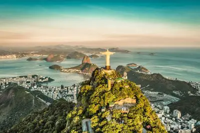Beautiful landscape of ocean in Brazil with religious iconography