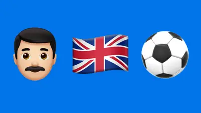 emoji of man, uk flag, soccer ball 