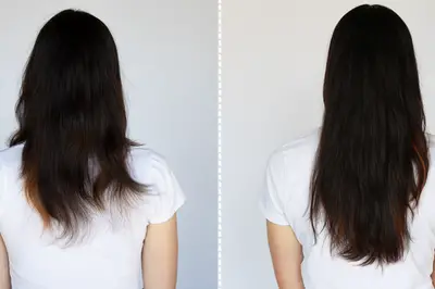 A Before and After Shot of a woman with growing brown hair