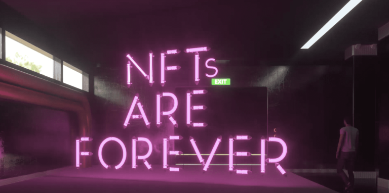 Pink neon sign reading "NFTs ARE FOREVER"