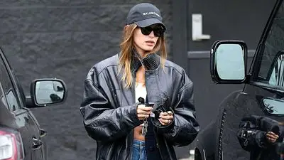 Hailey Bieber Street Style Leather Jacket Bomber and Balenciaga