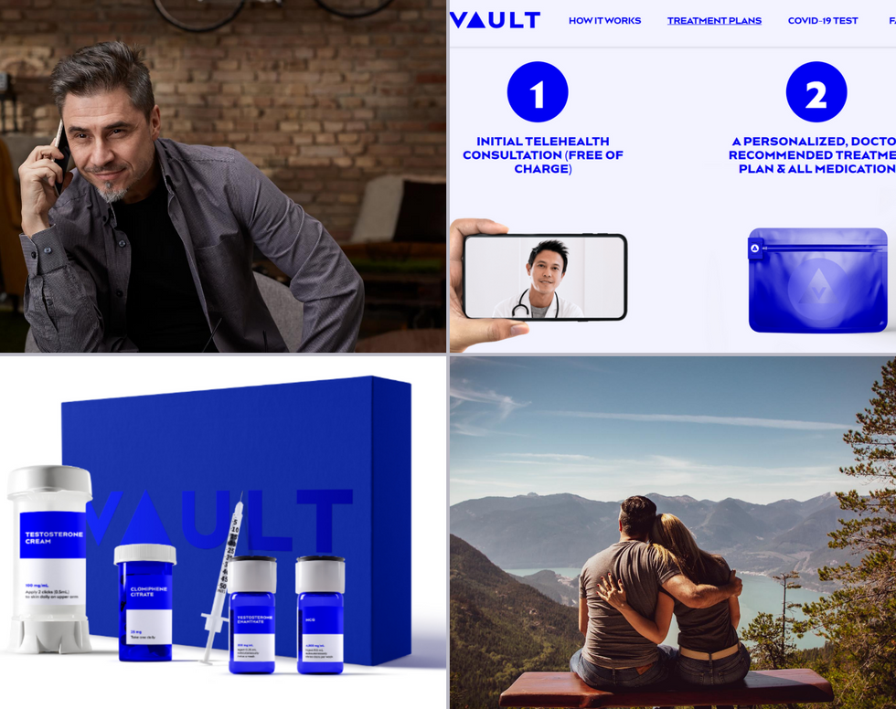 4 square of images of man talking on phone, vault website and couple