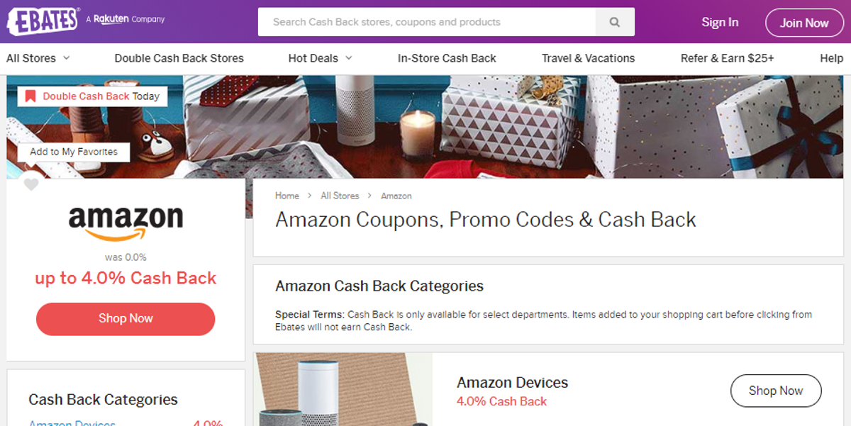 Screenshot of Amazon webpage with Ebates bar at the top