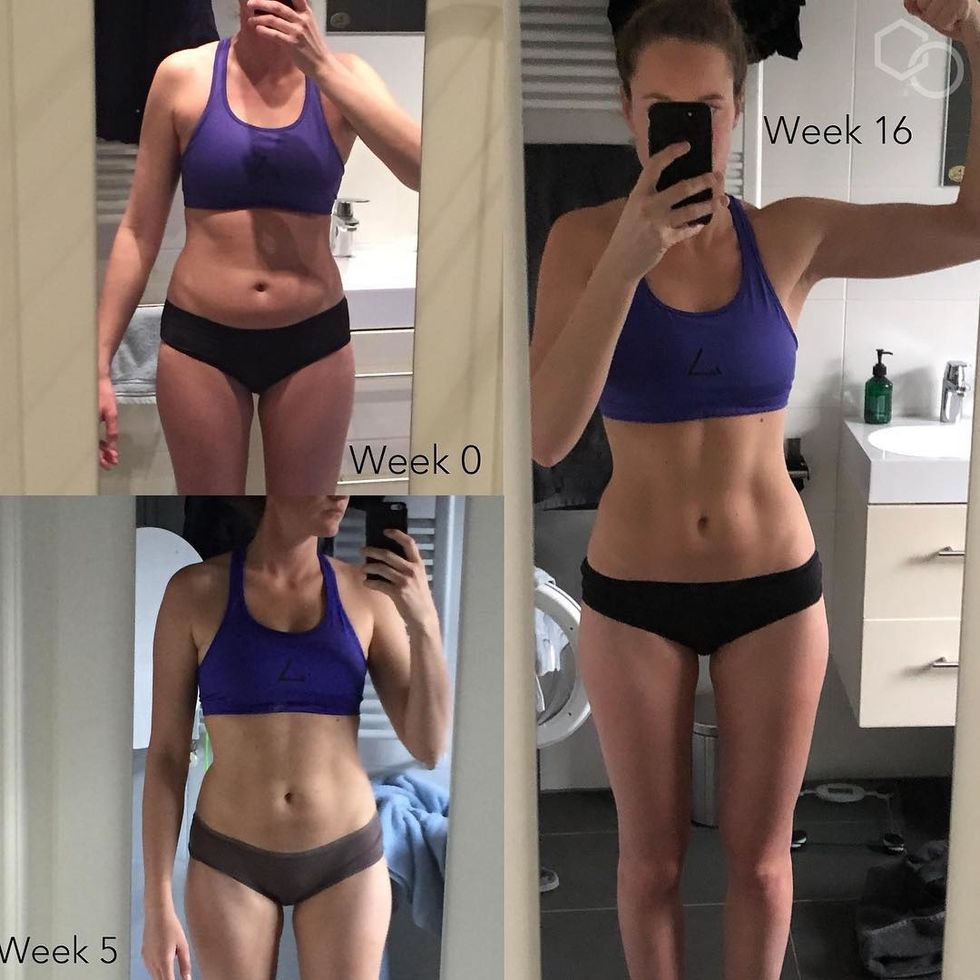 woman's 16 week before and after home workout program progress